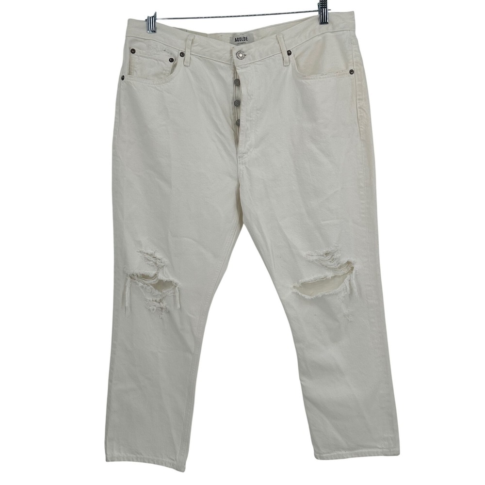 AGOLDE Riley High Rise Straight Crop Jeans Slant White Distressed 34 A056D-1183
